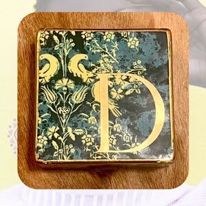 Anthropologie monogram D blue, green, & gold floral jewelry box